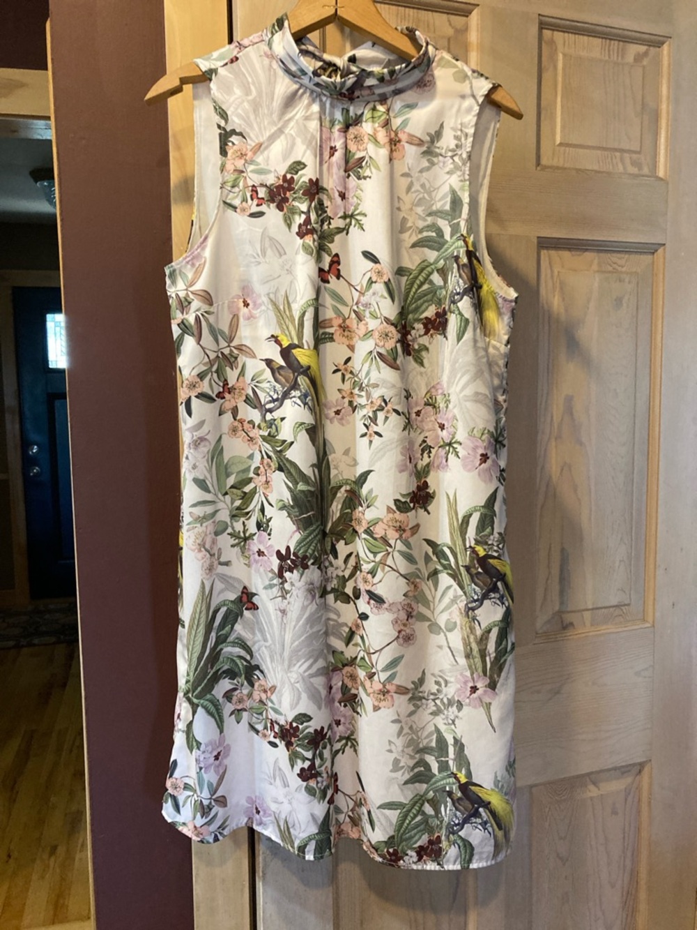 H&M Ivory Mini Dress with Green & Pink Botanical Print